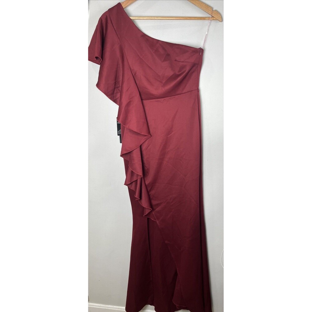 Burgundy Cocktail Dress Slit Small One Shoulder‎ Ruffled Long